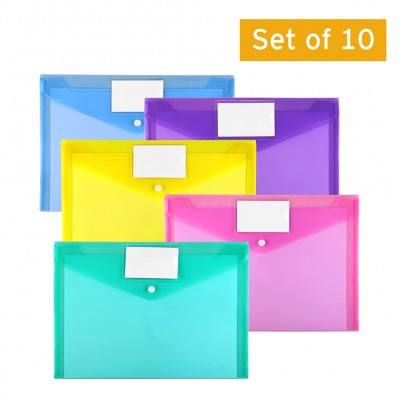 Plastic Envelopes Poly Envelopes, Sooez 10 Pack Clear Document Folders US Letter A4 Size File Envelopes with Label Pocket & Snap Button for School Home Work Office Organization, Assorted Color